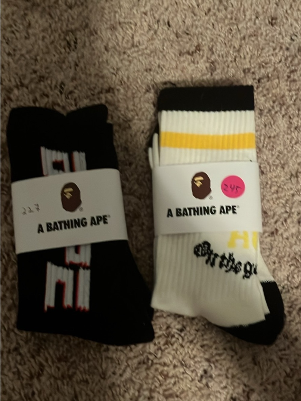 A Bathing Ape Men's Crew Socks - Black & White with Yellow Accent
